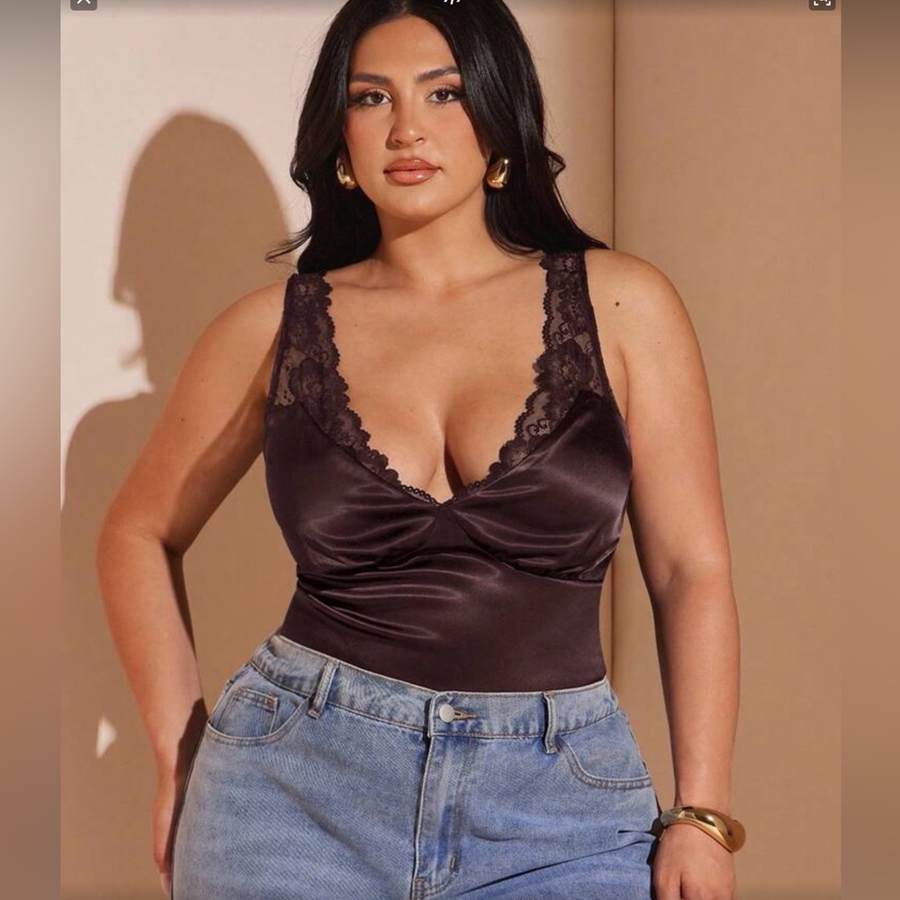 SHEIN BAE Coffee Brown Satin Lace Trim V-Neck Camisole Top Size 18/3X